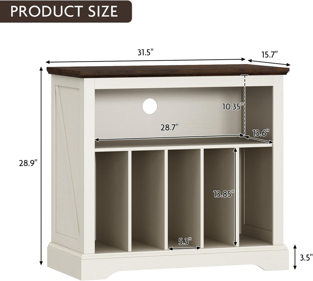 RowyPoey Large Farmhouse Record Player Stand, Turntable Stand,Antique White | with Vinyl Record Storage, Wood Record Holder Storage Cabinet, Stereo Media Dispaly Shelf for Living Room, Bedroom, Office