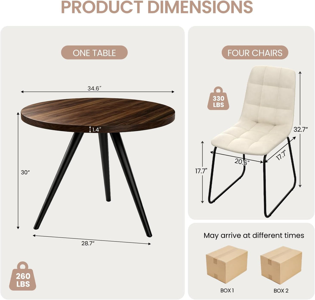 34.6" Round Dining Table Set for 4, Modern Kitchen Coffee Table Set with 4 Faux Leather Chairs, MDF Small Space Saving Dining Room Table and Chairs Set (Walnut Table+4 Beige U-Shaped Chairs)
