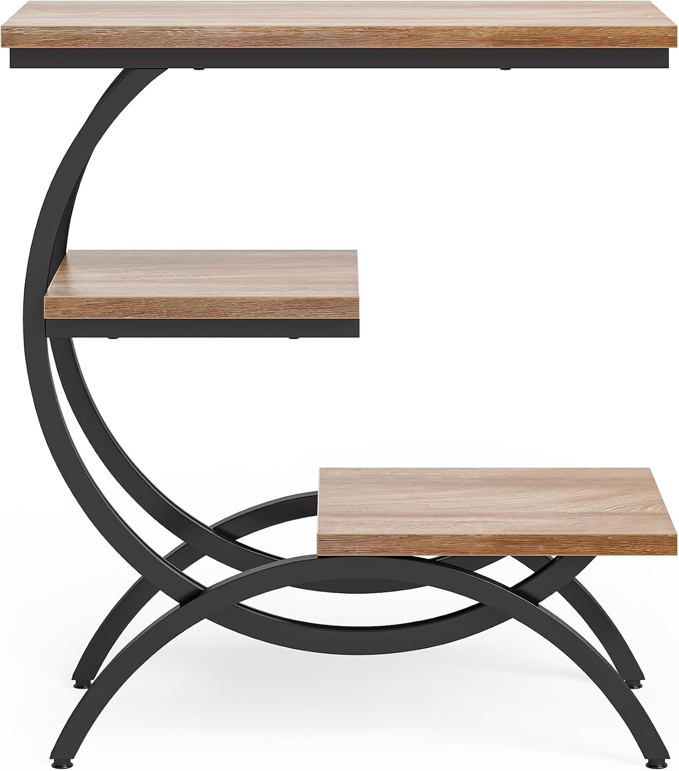 LITTLE TREE End Table, Narrow End Table with 3 Storage Shelves, Industrial C-Shaped Small Sofa Side Table for Living Room, Wood Slim Snack Table with Black Metal Frame, Oak
