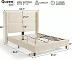 WEUP Queen Size Bed Frame with 56 Inch Corduroy Wingback Headboard, Cream