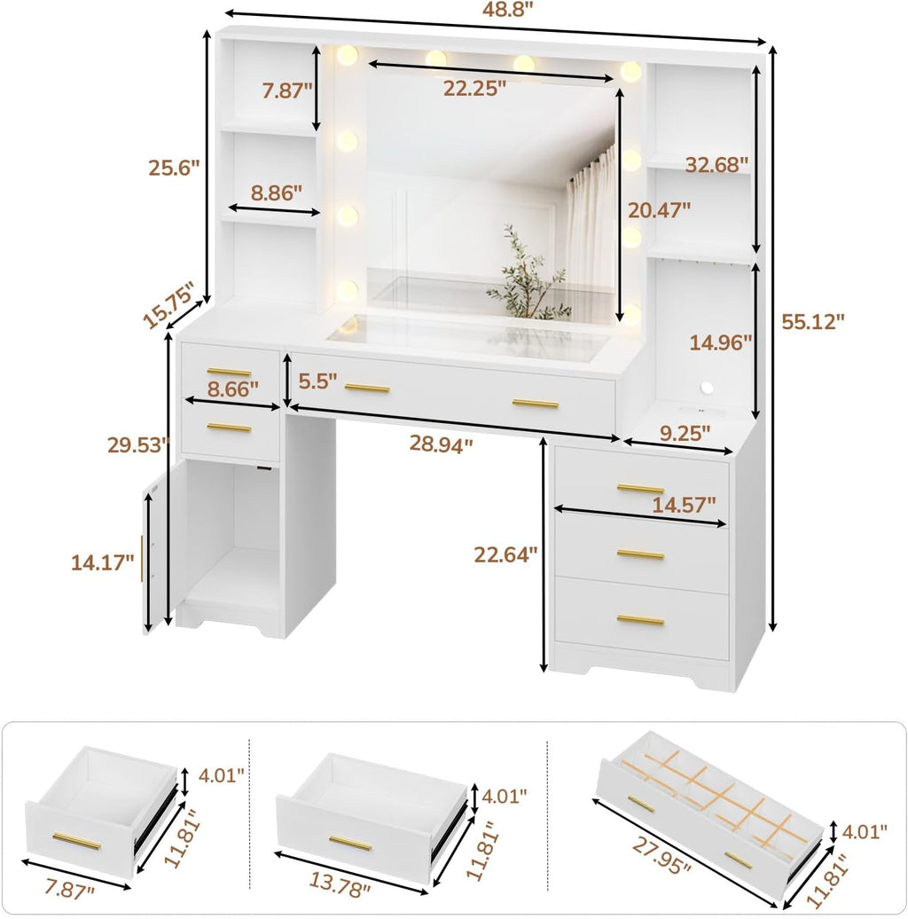 Hasuit 48.8'' Large Vanity Desk with Lighted Mirror & Power Outlet, White Makeup Vanity Table with 6 Drawers, 4 Shelves and 1 Storage Cabinet, Glass Tabletop Bedroom Dressing Table, 3 Lighting Modes