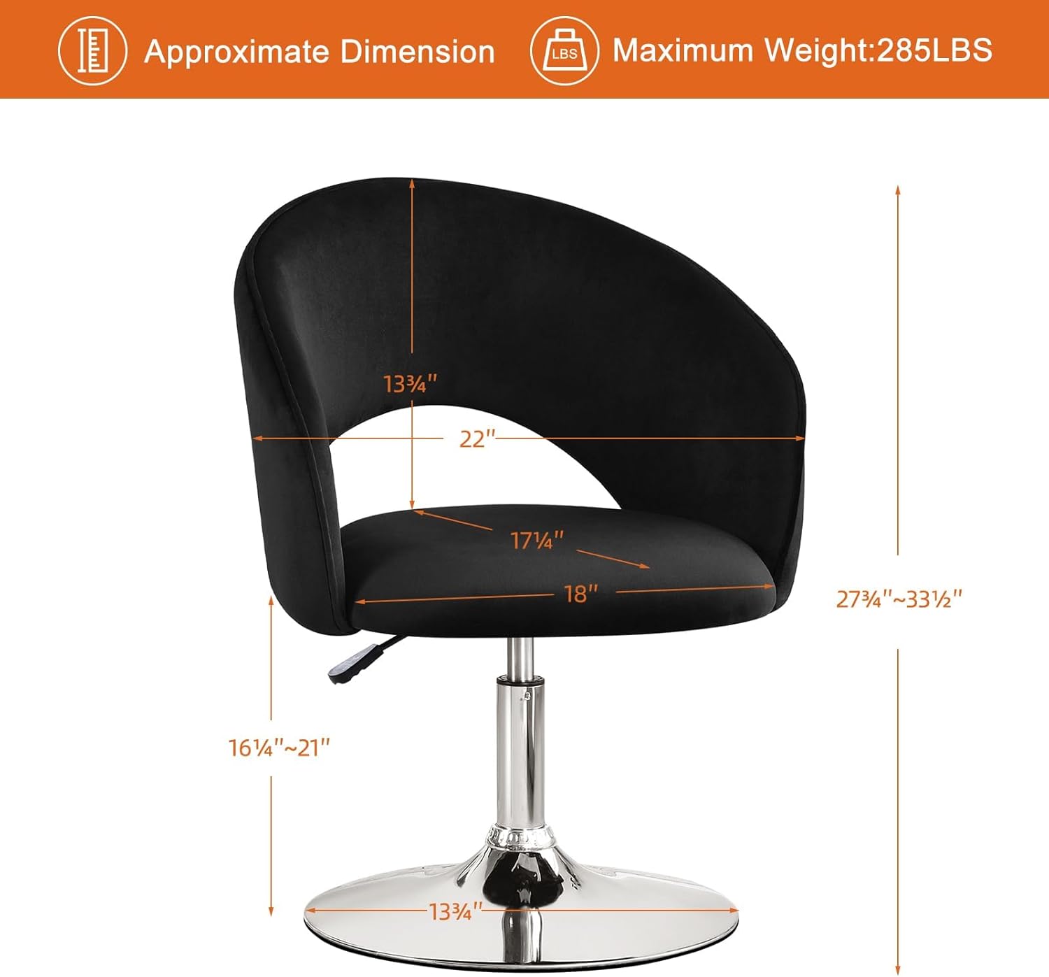 Furniliving Vanity Chair, Salon Chair Flexible Round-Back, 360° Accent Chair with Plated Frame Height Adjustable Swivel Chairs for Living Room, Bedroom, Lounge Pub Bar, Velvet, Black
