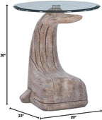 MAKLAINE Whale Sculptured Accent Table, 23 in Tall, Resin Base with Driftwood Finish, 20 in Beveled Glass Top, Rustic Side Table for Living Room or Bedroom Decor