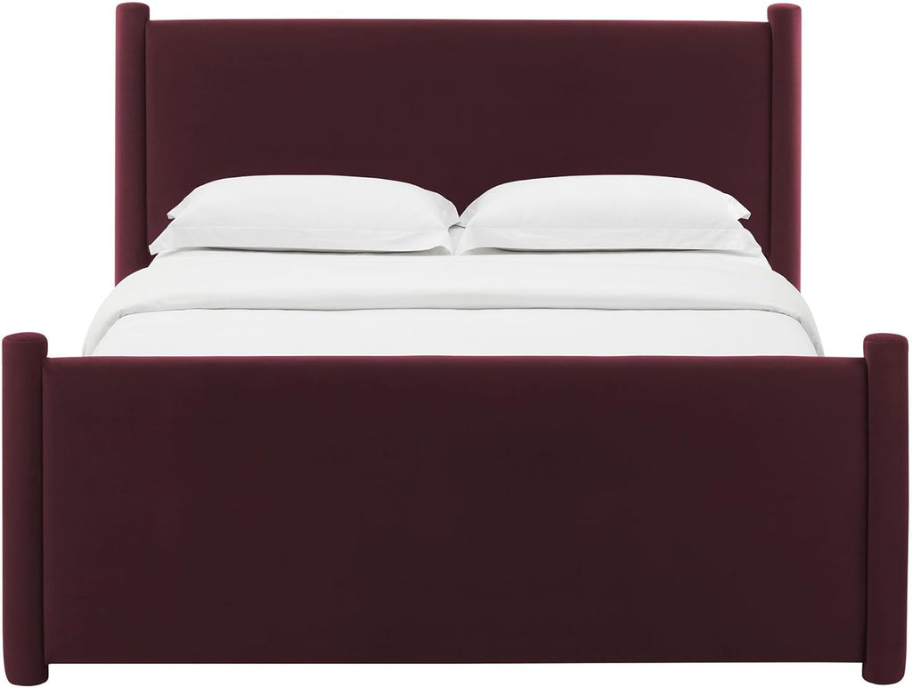 Modway Rael Queen Platform Bed Frame with Upholstered Headboard and Footboard in Mulberry – Stain-Resistant Performance Velvet Queen Size Bed with Rounded Posts