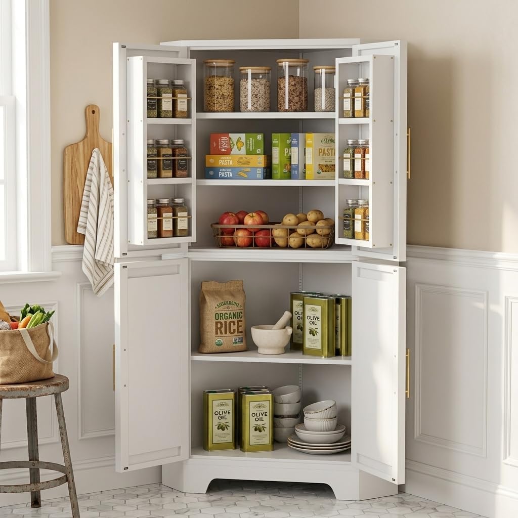 Corner Cabinet, Metal Storage, Kitchen Pantry Cabinet with Adjustable Shelves & Spice Rack, Tall Freestanding Corner Pantry with Shaker Doors & Gold Handles for Kitchen, Bathroom, Living Room (White)