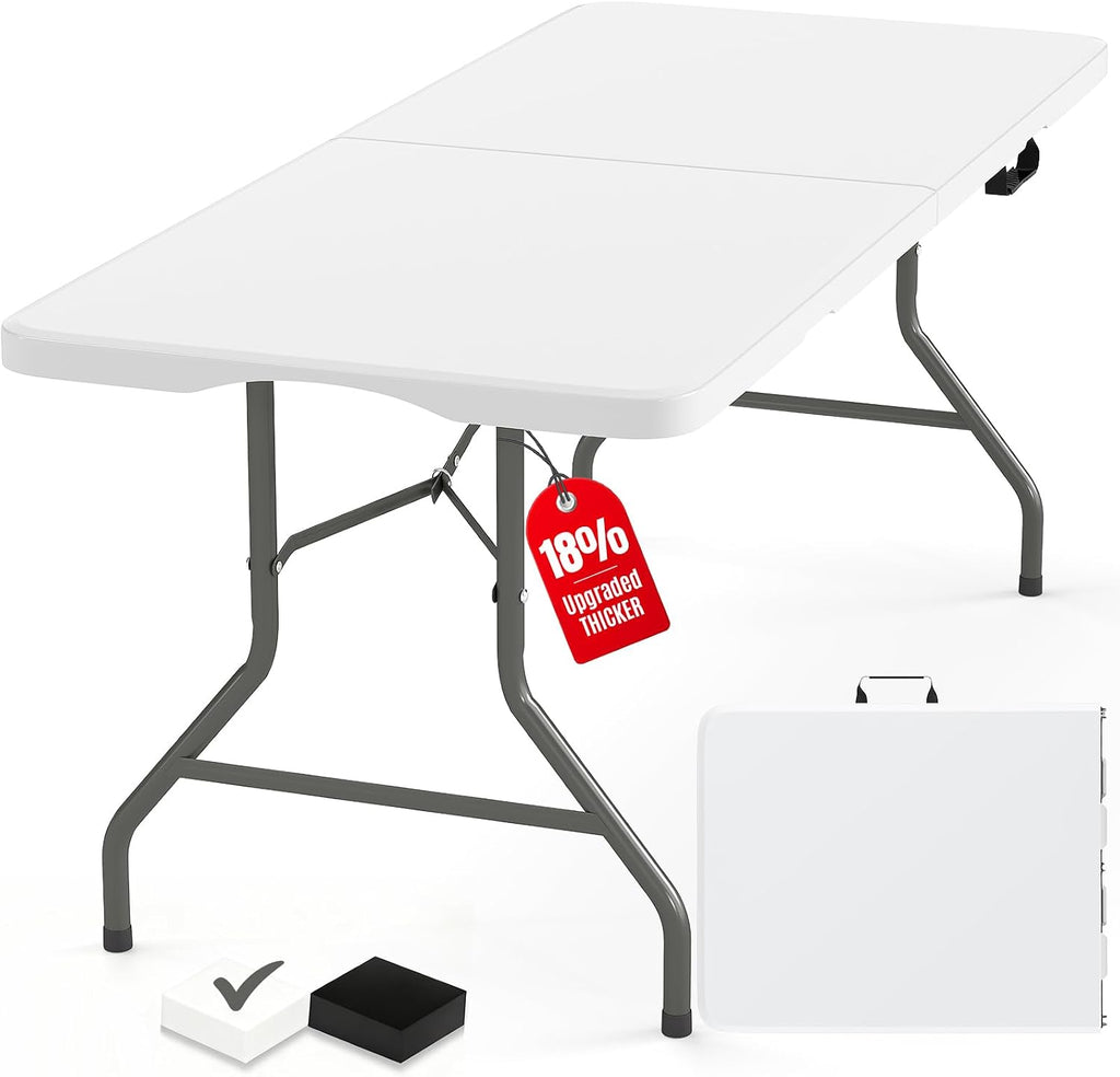Fenbeli Upgraded 18% Thickened Folding Table 6ft Made of HDPE Plastic | Heavy Duty (25lb), Stable Thicker Legs, Dining Indoor Outdoor for Camping, Picnic and Party (Pearl White, 6FT)