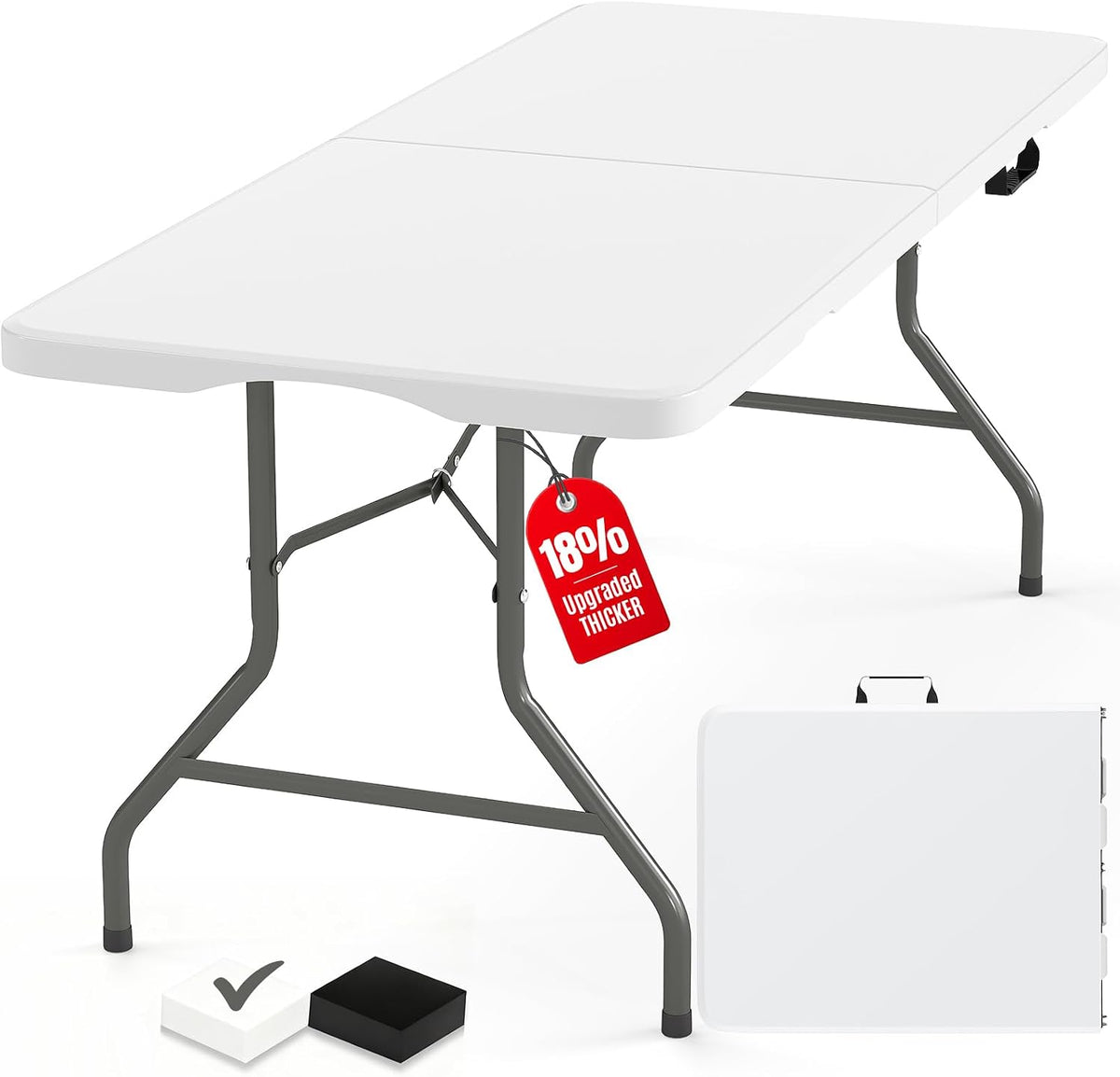 Fenbeli Upgraded 18% Thickened Folding Table 6ft Made of HDPE Plastic | Heavy Duty (25lb), Stable Thicker Legs, Dining Indoor Outdoor for Camping, Picnic and Party (Pearl White, 6FT)