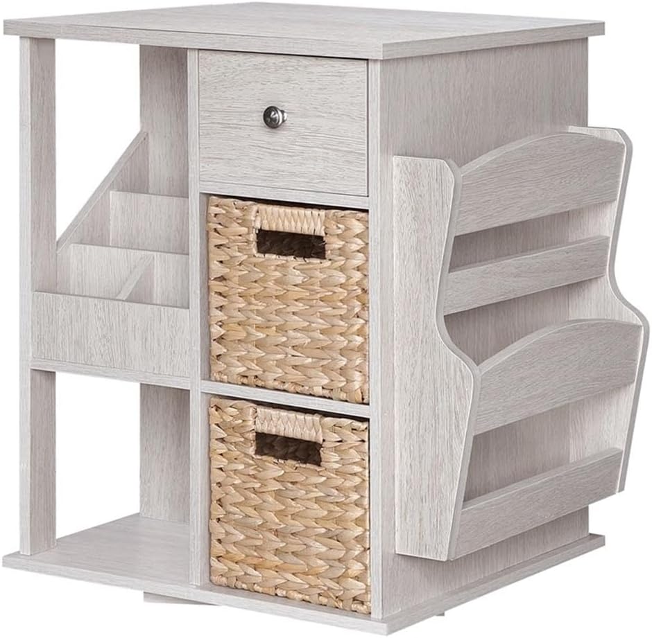 Pemberly Row Wood Revolving Side Table, 18" W x 18" D x 24" H, Whitewashed Finish, MDF with Rattan Accents, Drawers and Shelves, Compact Transitional Design for Living Room or Bedroom Storage