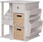 Pemberly Row Wood Revolving Side Table, 18" W x 18" D x 24" H, Whitewashed Finish, MDF with Rattan Accents, Drawers and Shelves, Compact Transitional Design for Living Room or Bedroom Storage