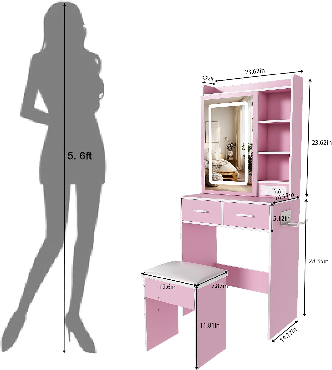 Small Vanity Desk Set with Mirror and Adjustable LED Lights, Compact Pink Dressing Table with Built-in Power Outlet and Hidden Storage, Padded Stool & Shelf, Space-Saving Makeup Table for Bedrooms