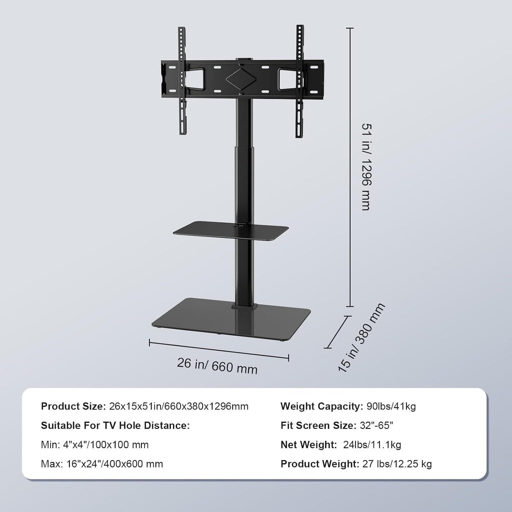 VEVOR TV Stand Mount, Adjustable Swivel Floor Stand for 32-65 Inch TVs, Portable with Tempered Glass Base, Height Adjustable for Living Room or Bedroom