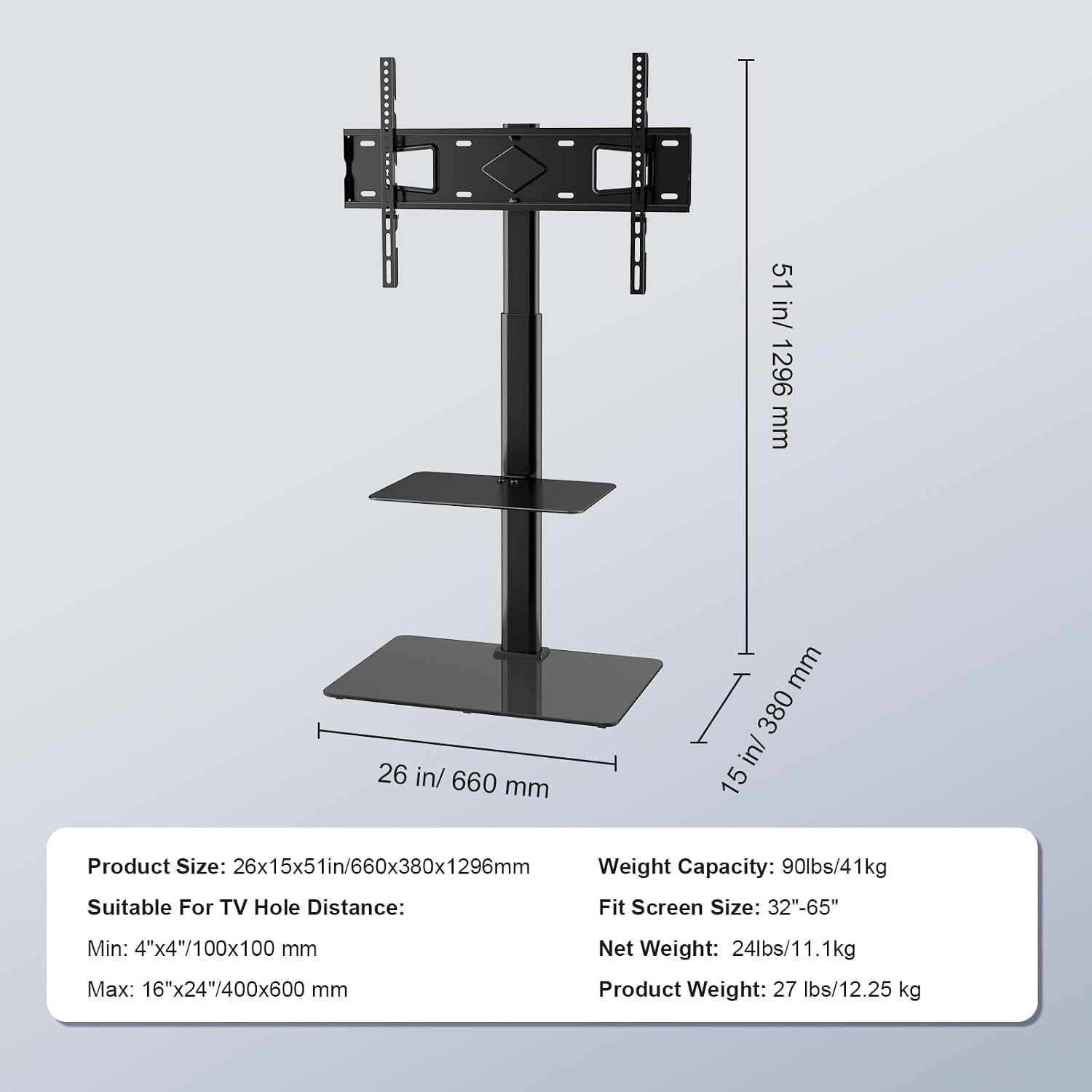 VEVOR TV Stand Mount, Adjustable Swivel Floor Stand for 32-65 Inch TVs, Portable with Tempered Glass Base, Height Adjustable for Living Room or Bedroom
