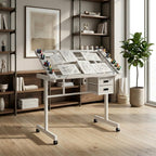Rolling Drafting Table on Wheels, Painting Table Art Craft Desk Crafting Table with Tilting Transparent Tempered Glass Top, 2 Fabric Storage Drawers and 4 Wheels (White)