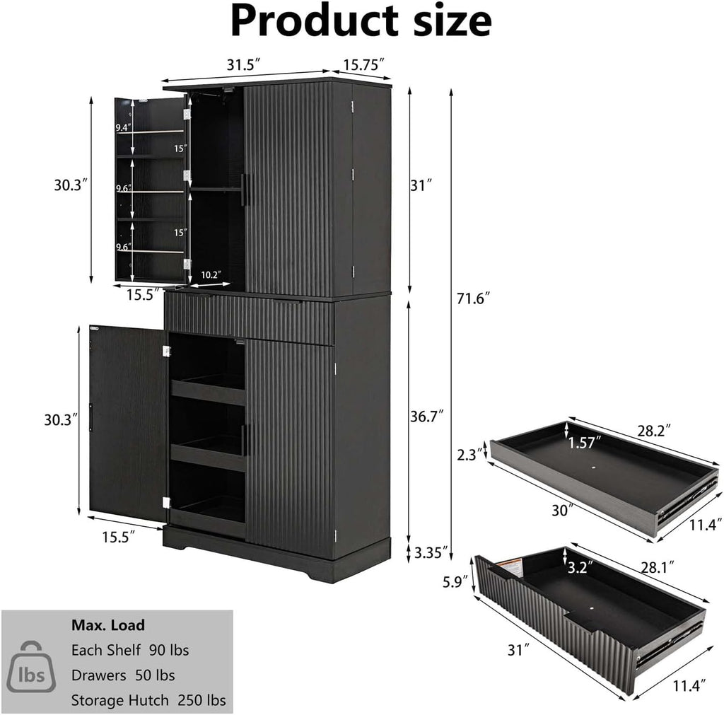72" Fluted Kitchen Pantry Cabinet with Anti-Tip Safety, Free Standing Versatile Storage Cabinet with Drawers and Adjustable Shelves for Kitchen, Living Room, Dining, Office (Black)