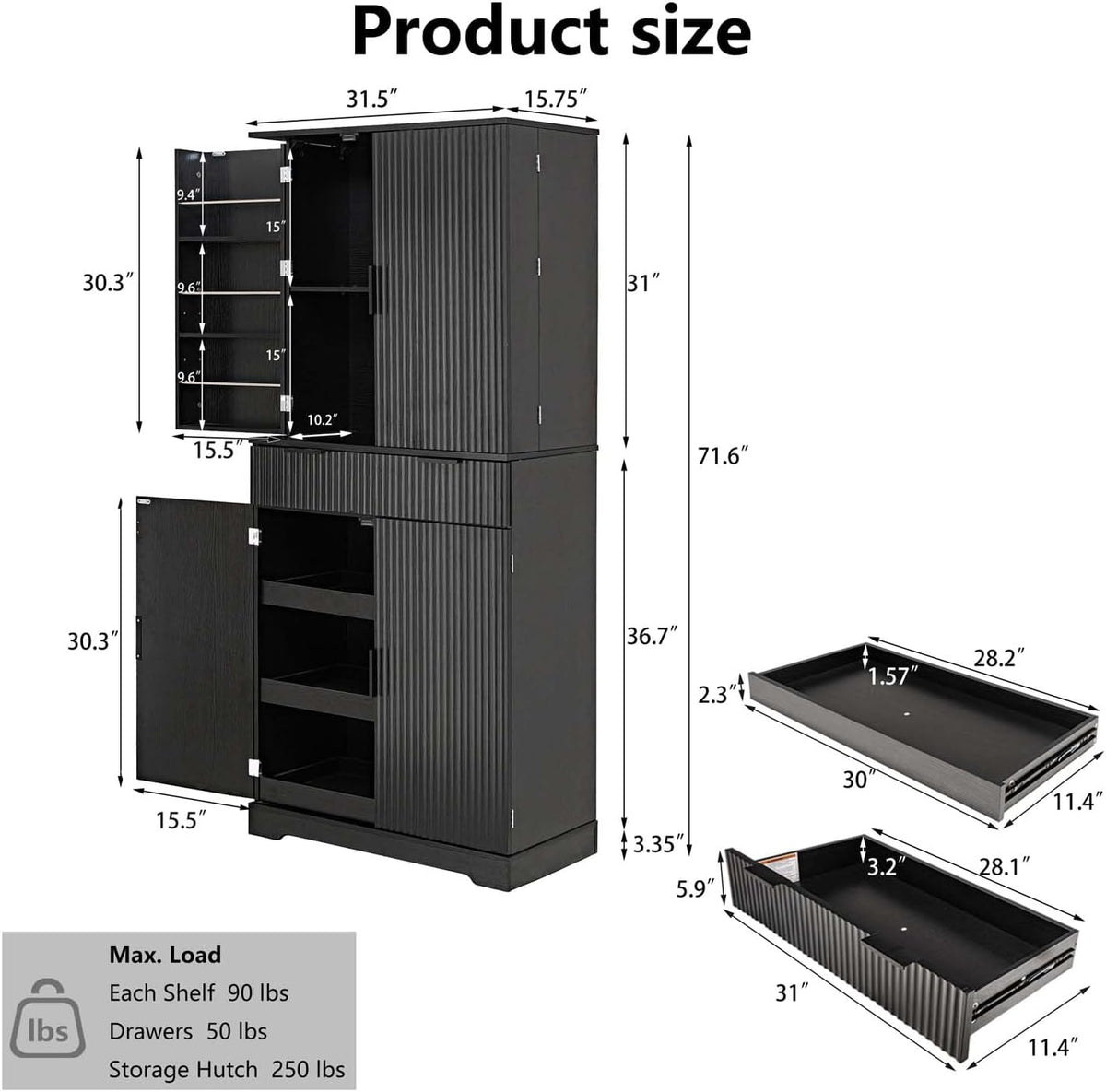 72" Fluted Kitchen Pantry Cabinet with Anti-Tip Safety, Free Standing Versatile Storage Cabinet with Drawers and Adjustable Shelves for Kitchen, Living Room, Dining, Office (Black)