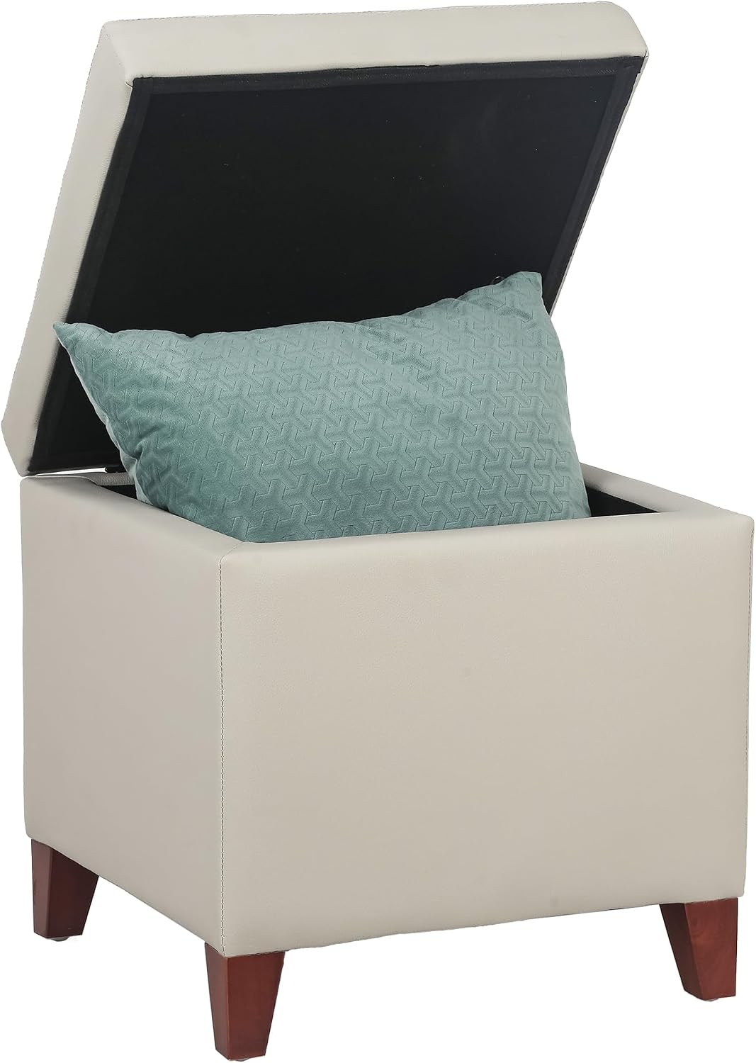 Leather Ottoman with Storage Beige-Grey Square Storage Ottoman | 18" Square Tufted Footstool Cube with Hinged Lid Upholstered Foot Rest Stool for Living Room, Bedroom & Entryway