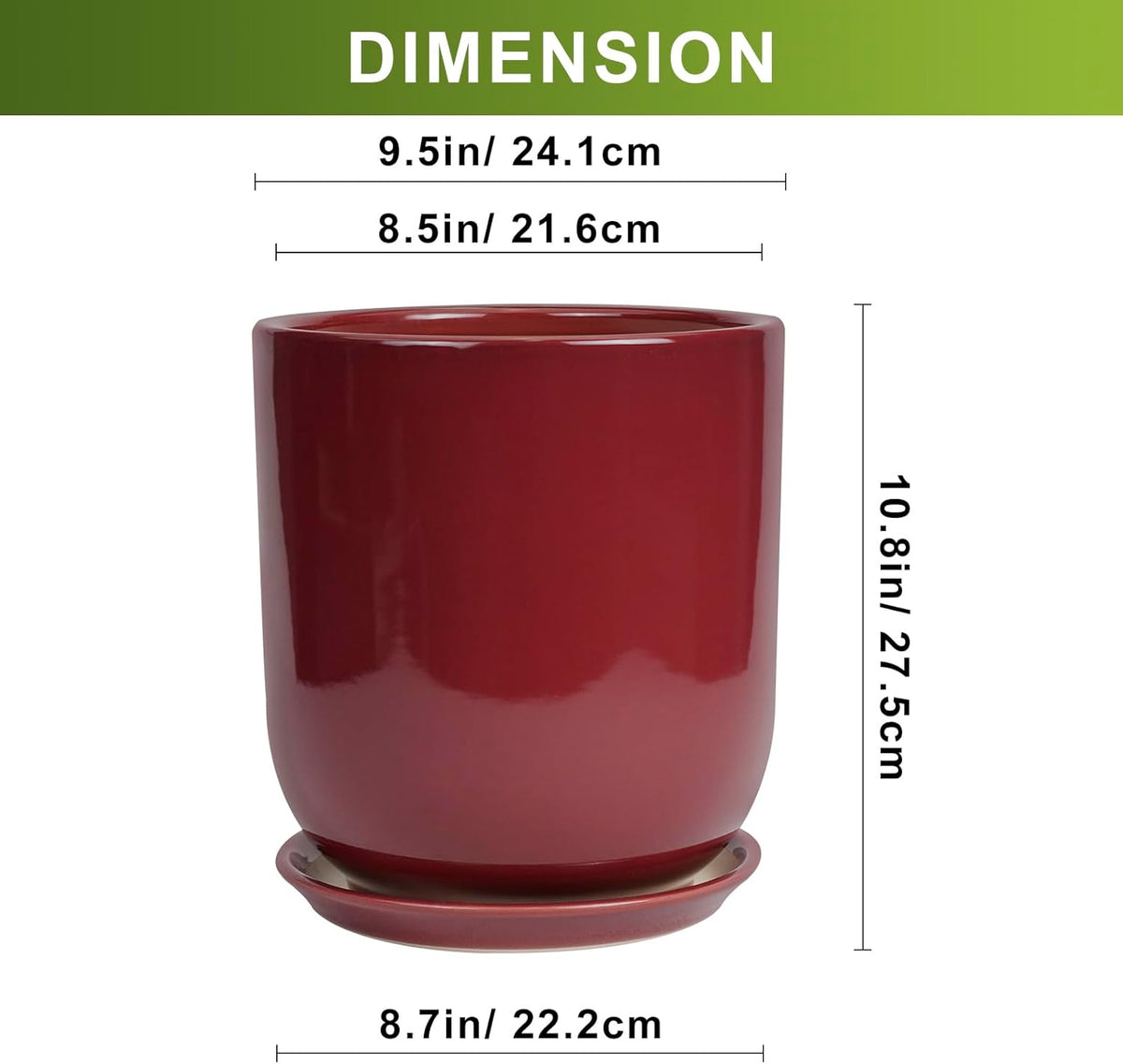 Ceramic Planter for Plants - 10 Inch Plant Pot Indoor with Drainage Hole and Saucer Modern Large Outdoor Planter Flower Pot for Home Decor Red