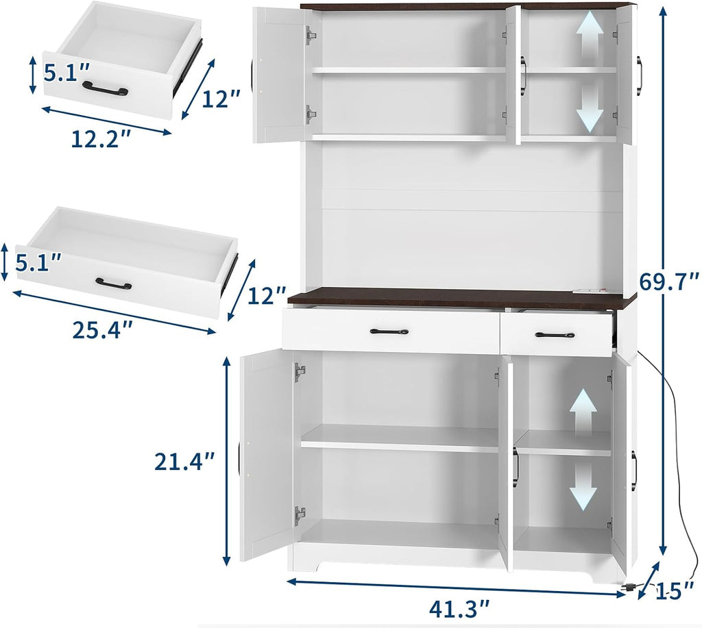 GarveeHome Farmhouse Kitchen Pantry Cabinet, 71" Tall Storage Cabinet with Charging Station, White Kitchen Hutch with Microwave Stand & Storage Drawers for Living Room, Dining Room