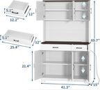 GarveeHome Farmhouse Kitchen Pantry Cabinet, 71" Tall Storage Cabinet with Charging Station, White Kitchen Hutch with Microwave Stand & Storage Drawers for Living Room, Dining Room