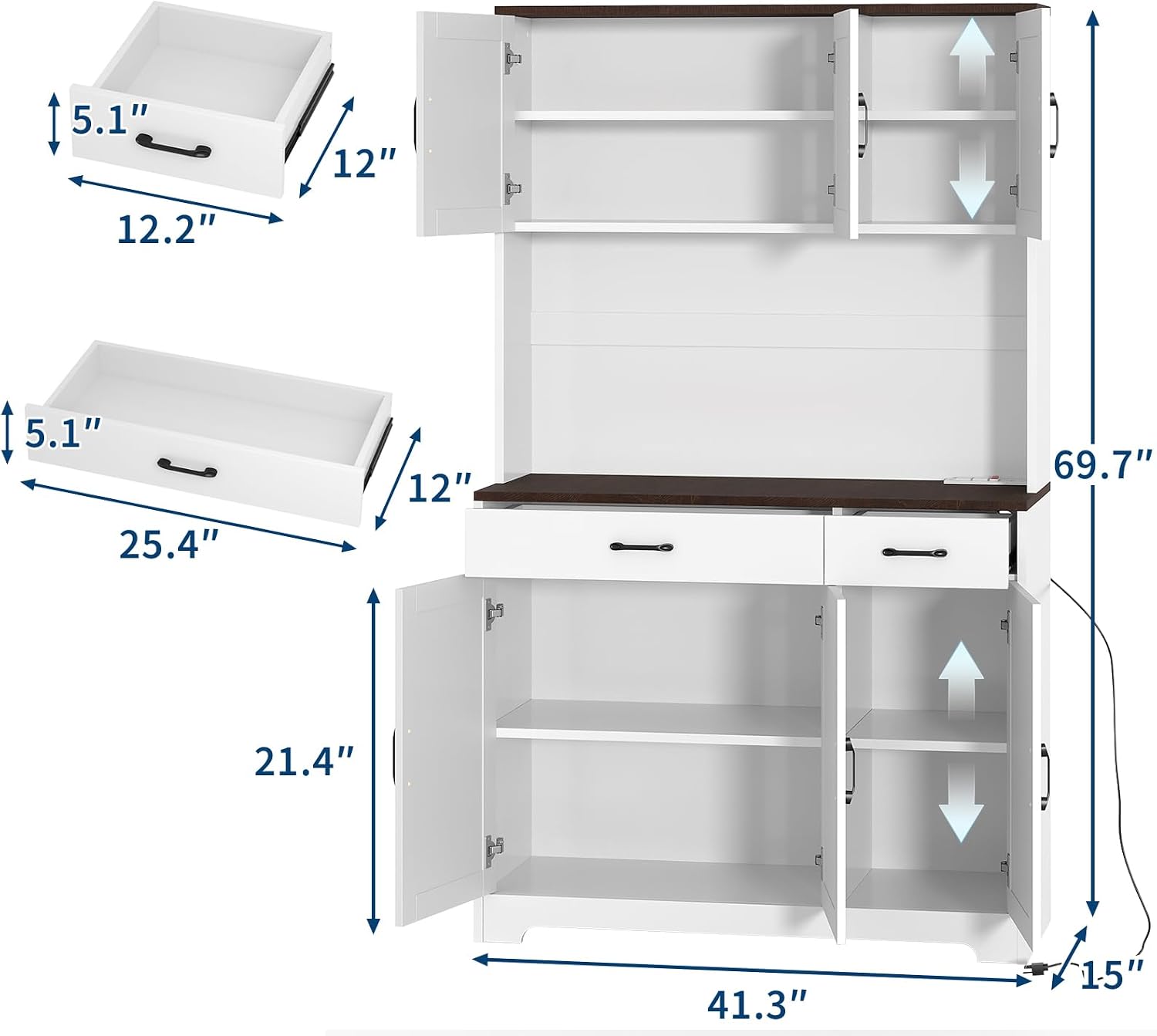 GarveeHome Farmhouse Kitchen Pantry Cabinet, 71" Tall Storage Cabinet with Charging Station, White Kitchen Hutch with Microwave Stand & Storage Drawers for Living Room, Dining Room