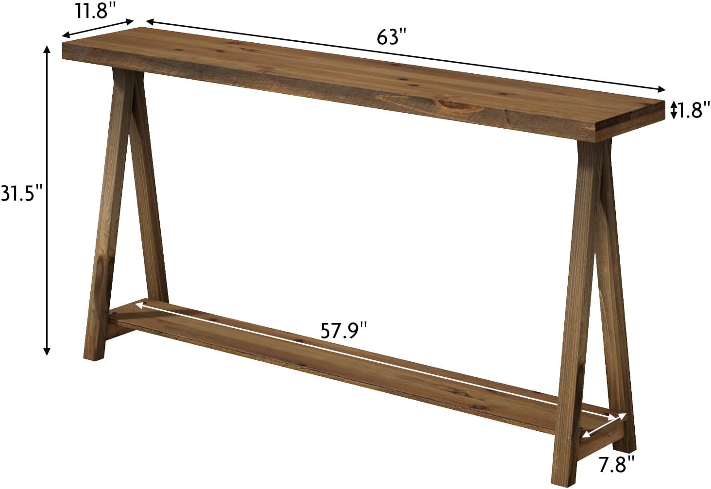 Farmhouse Console Tables for Living Room, 63" Solid Wood 2-Tier Sofa Table, Rustic Hallway Table for Entryway, Natural