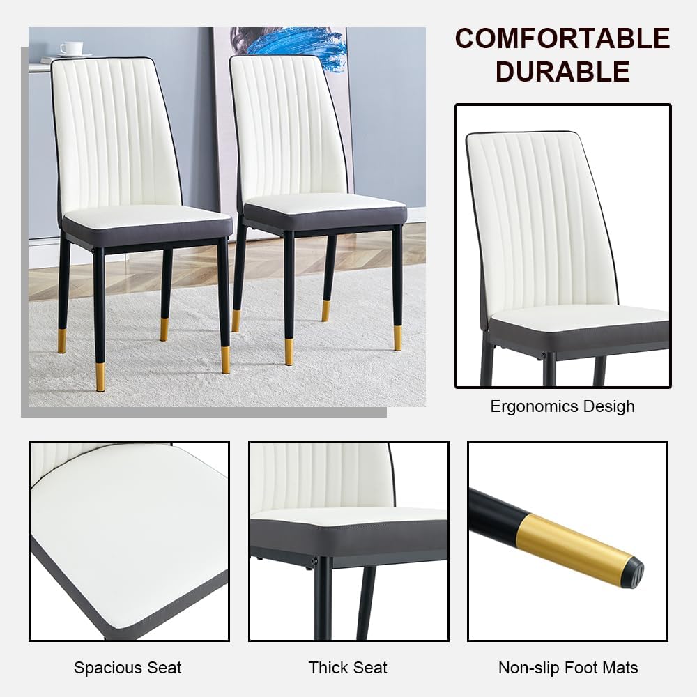 Modern Dining Table Set for 6, Marble Kitchen Table Chair Set for 6, Rectangular Kitchen Table with 6 Pu Leather Upholstered Chair for Dining Room