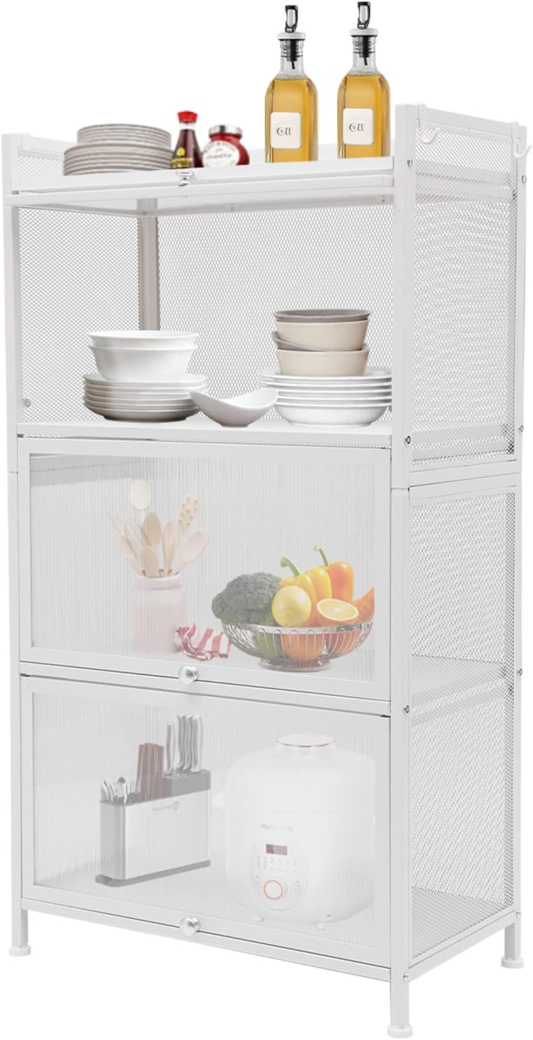 Kitchen Sideboard Pantry Cabinets with Hooks, 4 Tier Kitchen Organizer Shelf for Dishes, Wine, Pots and Pans with 4 Hooks, Modern Food Pantry Cabinets with Drawer for Kitchen Dining Living Room, White