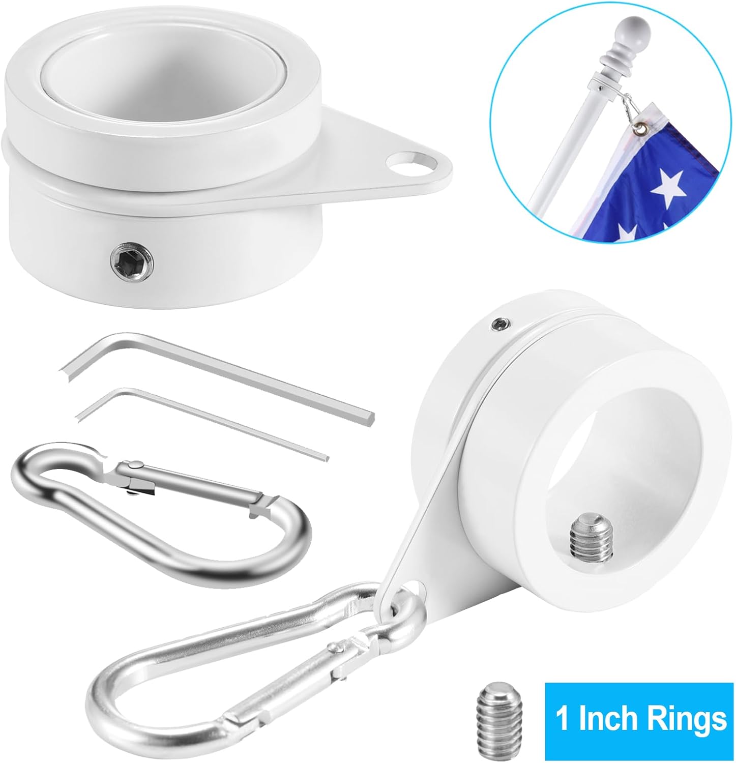 1" White Flag Pole Rings, 2 Pcs Anti Wrap Aluminum Alloy Flag Pole Clips Swivels, 360° Rotating Flagpole Flag Mounting Rings, Spinning Flag Pole Kit for 0.75-1.02" Diameter (1 Inch, White)