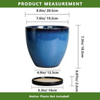 8 Inch Planter - Ceramic Plant Pot with Drainage Hole and Tray Round Planter Modern Flower Pot for Room Home Office Patio Porch Garden Decor Blue