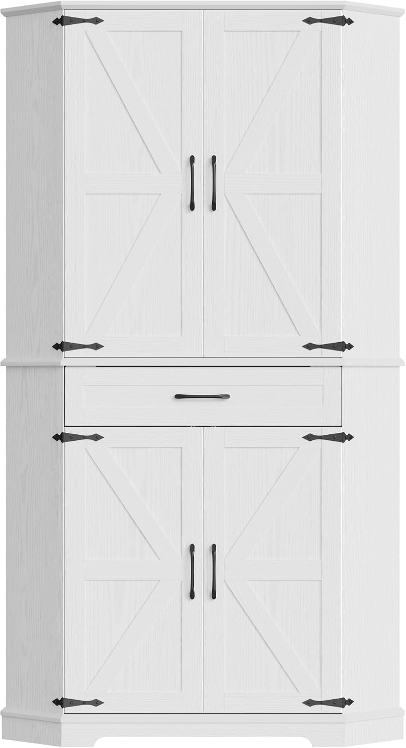 IRONCK 72" Corner Pantry Cabinet with Drawer and 4 Doors, White | Kitchen Pantry Storage Cabinet with 3 Adjustable Shelves, 2 Doors Storage, for Kitchen and Dining Room