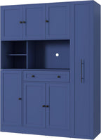 LUMISOL 70" Farmhouse Kitchen Pantry Storage Cabinet with Pull-Out Shelf, Wood Hutch Cabinet with Door Shelves and Drawer, Freestanding Food Hutch with Microwave Stand, Blue