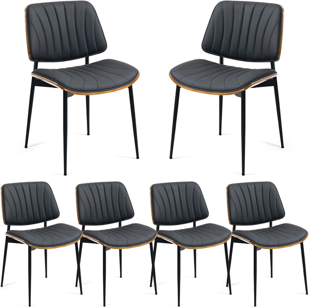 AVAWING Walnut Dining Chairs Set of 6, Mid Century Modern Dining Chairs PU Leather Upholstered Kitchen Chairs with Walnut Bentwood Back & Metal Legs for Dining Room, Kitchen, Living Room, Black