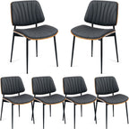 AVAWING Walnut Dining Chairs Set of 6, Mid Century Modern Dining Chairs PU Leather Upholstered Kitchen Chairs with Walnut Bentwood Back & Metal Legs for Dining Room, Kitchen, Living Room, Black