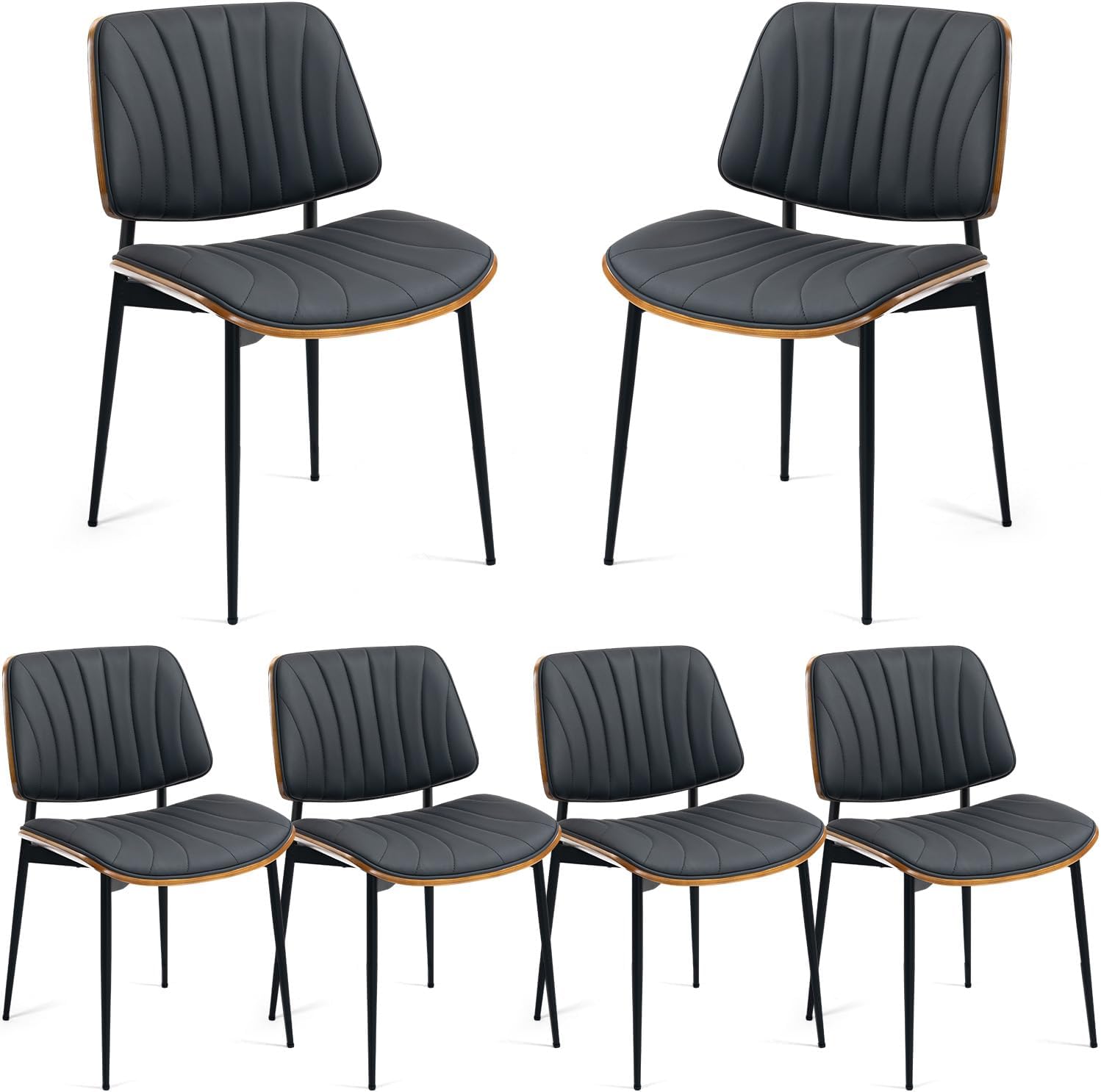 AVAWING Walnut Dining Chairs Set of 6, Mid Century Modern Dining Chairs PU Leather Upholstered Kitchen Chairs with Walnut Bentwood Back & Metal Legs for Dining Room, Kitchen, Living Room, Black