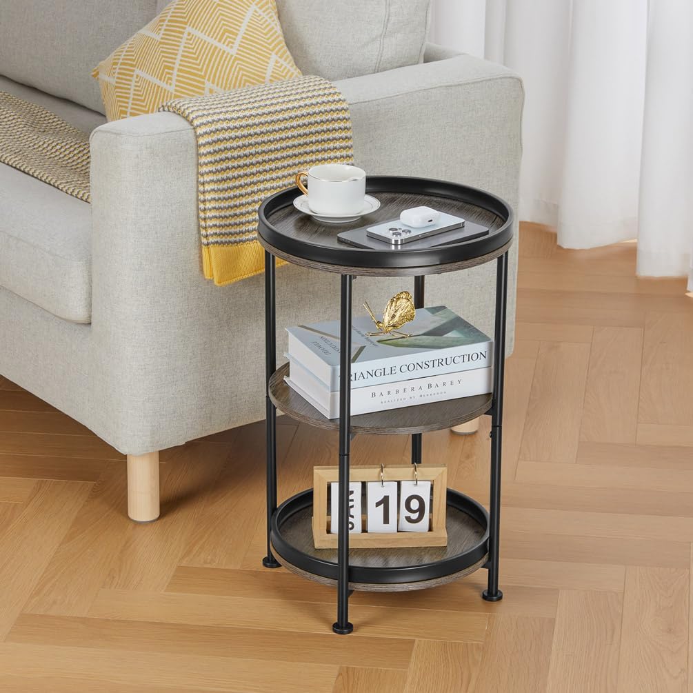 Dulcii Round Side Table with 3 Shelves for Living Room, Bedroom Nightstand with Steel Frame for Small Spaces, Industrial Round Sofa Table (Classic, Grey)