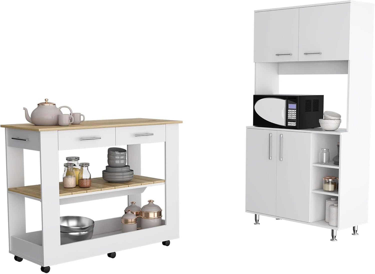 Nadina 4-Door 2-Drawer 2-Piece Kitchen Set, Kitchen Island and Kitchen Pantry White and Light Oak