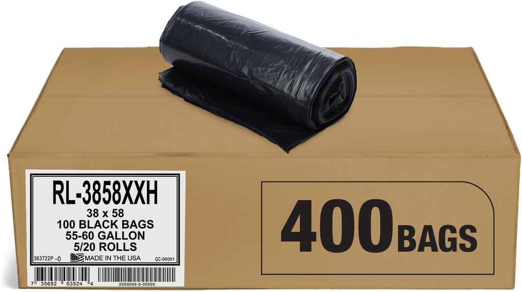 Aluf Plastics T-Tough Roll Pack Low Density Repro Blend Star Seal Coreless Rolls Bag, 55-60 Gallon Capacity, 58" Length x 38" Width, XXH Strength, Black (Pack of 400)