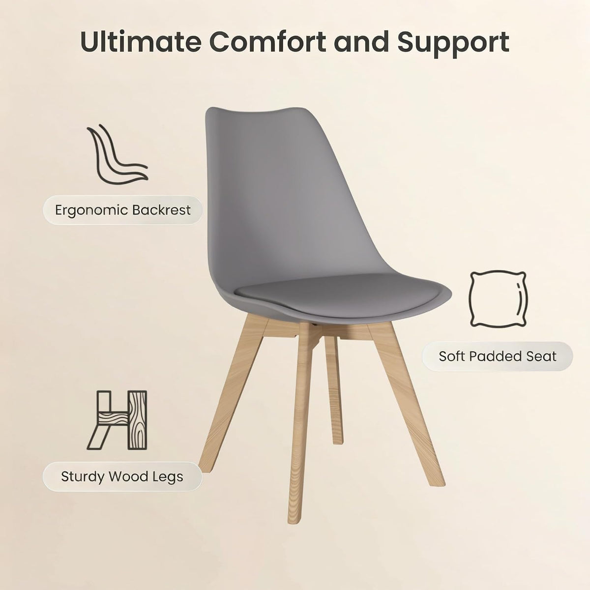 Dining Chairs Set of 4, PU Leather Kitchen Chairs,Wood Legs (Gray, 4 PC) | Mid-Century Modern, Upholstered Dining Room Chairs ,Padded Seat,Tulip Chair,Cushion, for Living room, Bedroom ,Dining Room