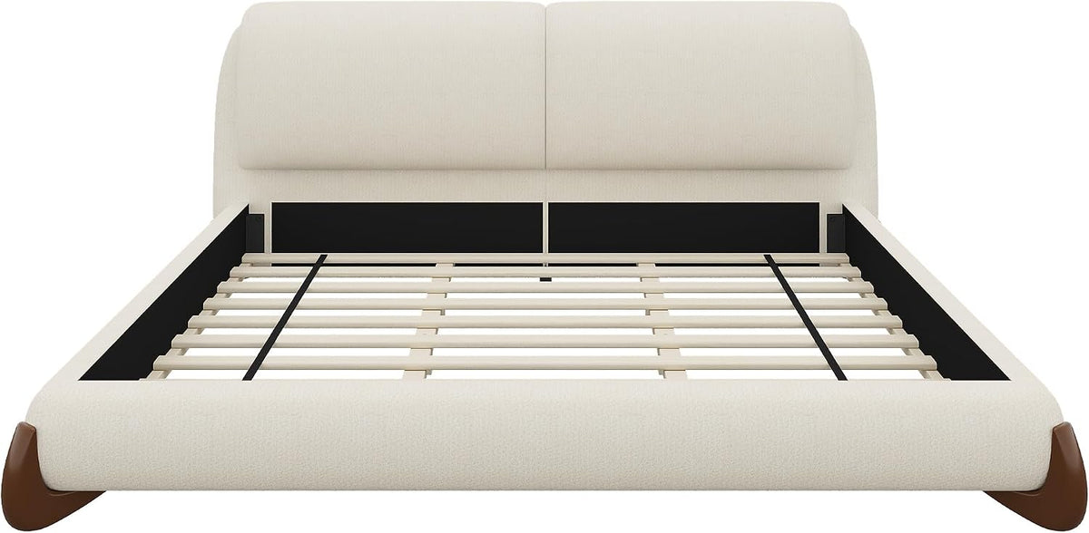 Merax King Chenille Platform Bed with 2 Removable Headboard Pillows, Beige