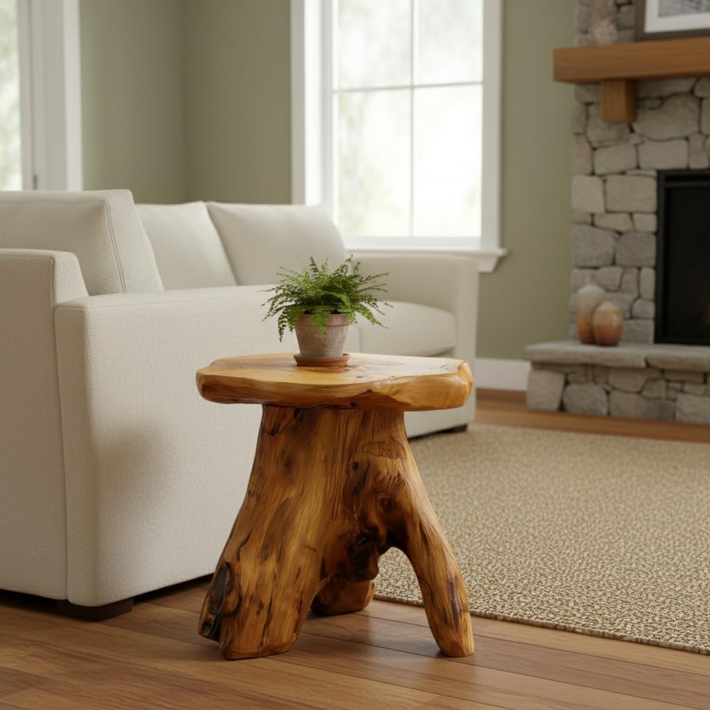Greenage Cedar Roots Mushroom Accent Stool 12" x 15" x 13.5" Height Natural Wood Side Table Home Décor Rustic Plant Stand Accent Tree Stump Stool End Table for Living Room Live Edge Table