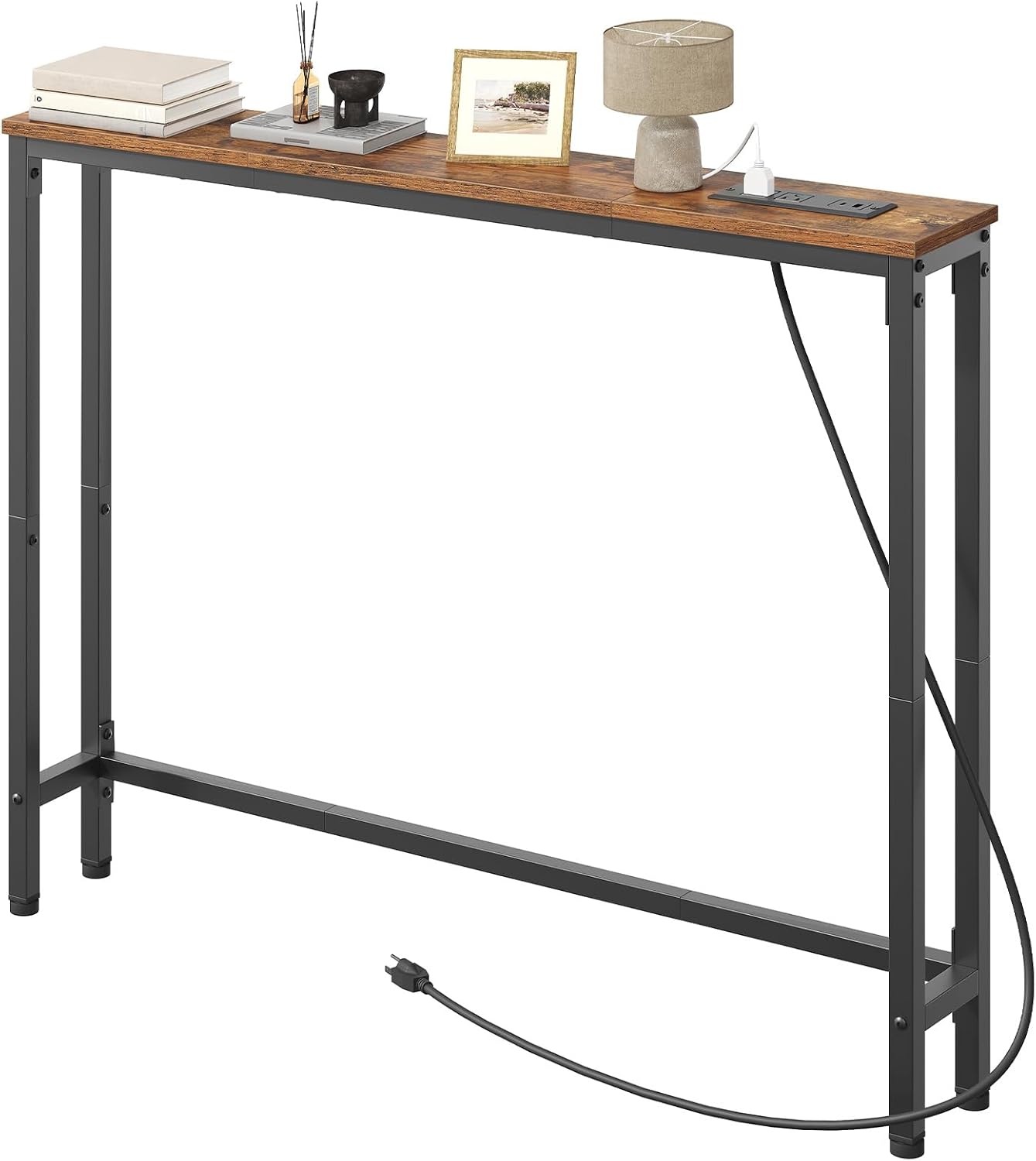 HOOBRO 39.4 Inch Narrow Console Table with Power Outlets, 5.9 Inch Sofa Table with Storage, Skinny Behind Couch Table, for Entryway Hallway, Small Spaces, Rustic Brown and Black BF52UXG01G1