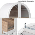 71" Tall Wooden Arched Storage Cabinet, Kitchen Pantry Cabinet with Hidden Drawer & Glass Door for Kitchen, Dining Room, Living Room and Bathroom (White)