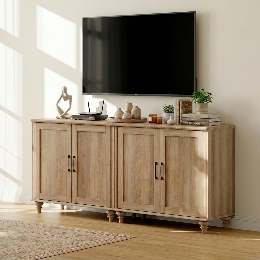 WAMPAT TV Stand for 75 inch TV with 4 Wood Doors, Oak | Farmhouse Wood Universal TV Stands with Storage Cabinets, Morden Entertainment Center TV Console Table