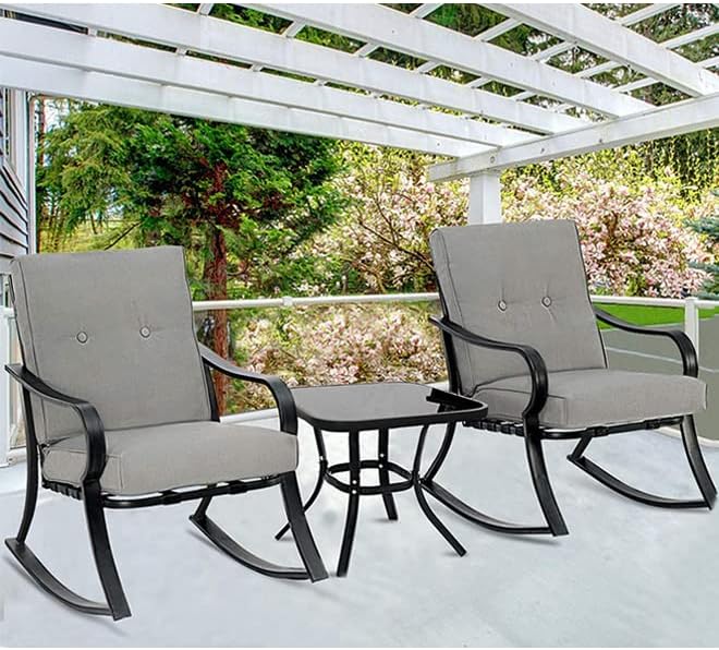 Outdoor 3-Piece Rocking Chairs, Patio Bistro Furniture Set, 2 Black Steel Rocking Chairs with Cushion and Glass Top Coffee Table (Grey)