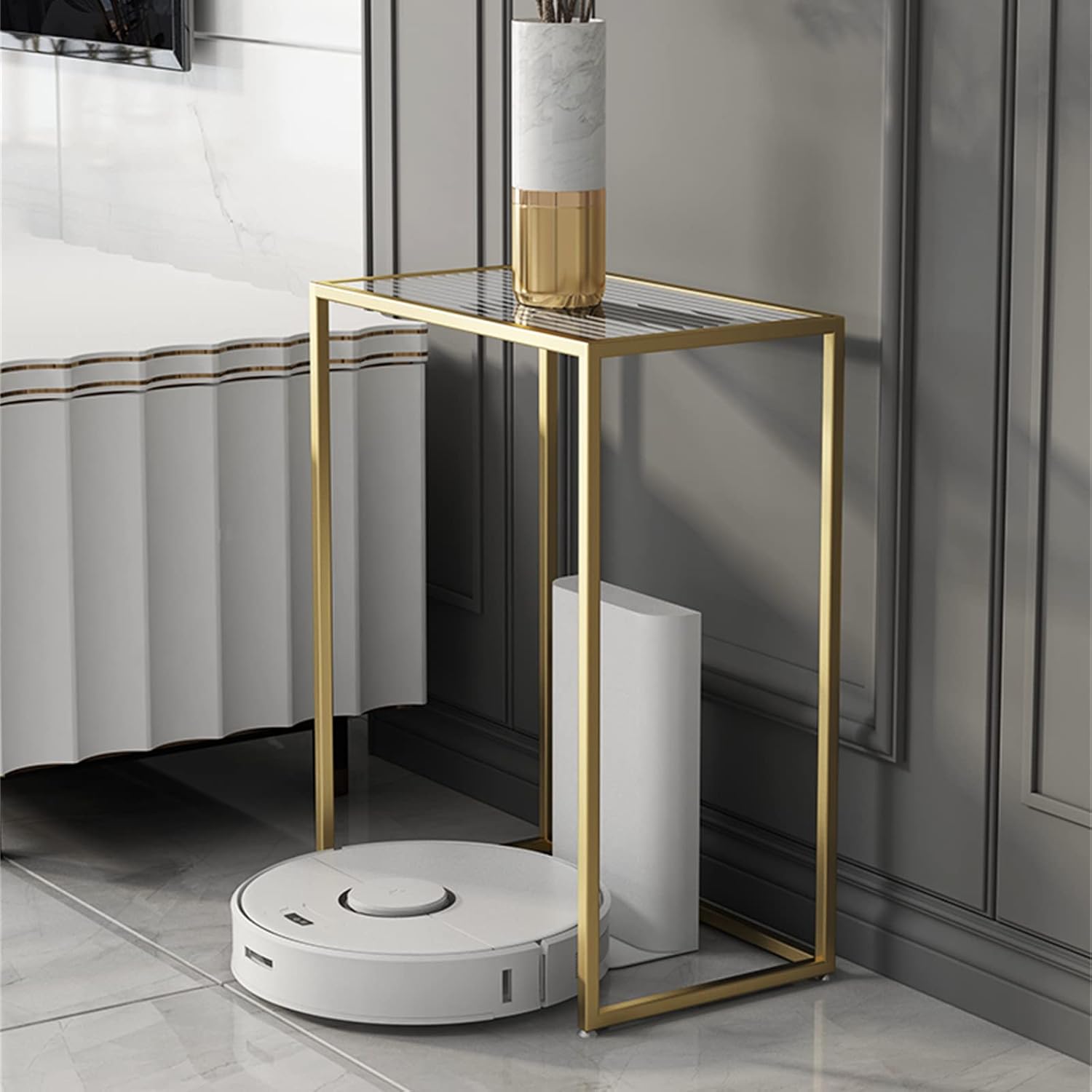 Tall Telephone Stand, Slim Side Table Narrow End Table Rectangular Glass Coffee Table Waterproof Storage Tables for Living Room, Office and Hallway，White 50 * 40 * 65cm