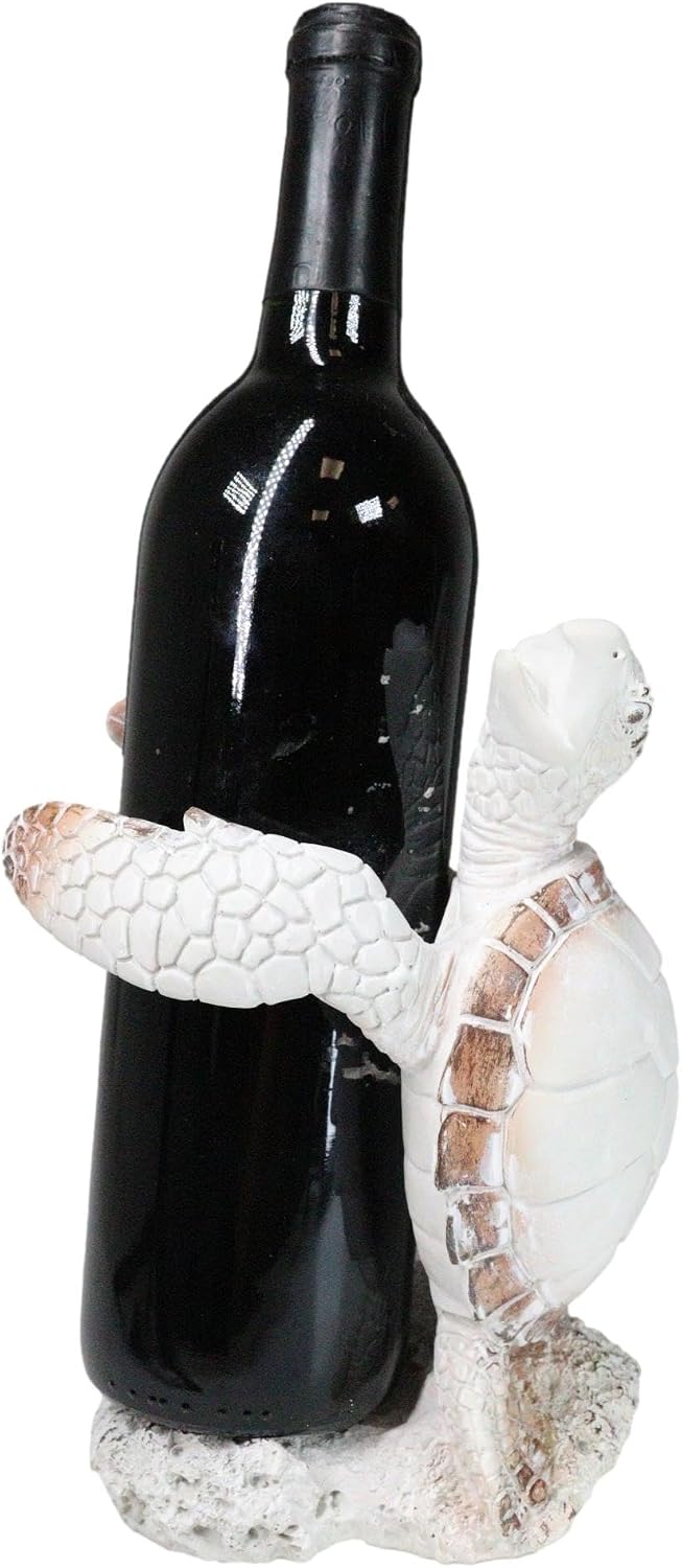 Ebros Gift Nautical Coastal Dancing Antique White Sea Turtle Wine Bottle Holder Caddy Figurine 7.5" High Home Kitchen Decorative Storage Organizer Turtles Terrapins Tortoises Decor