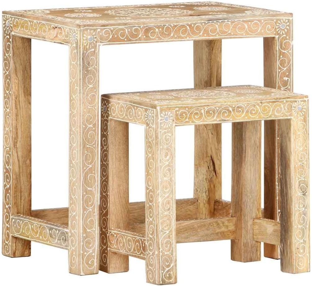 2 Piece Side Table Set Solid Mango Wood Hand-Painted Nesting Tables for Living Room Brown