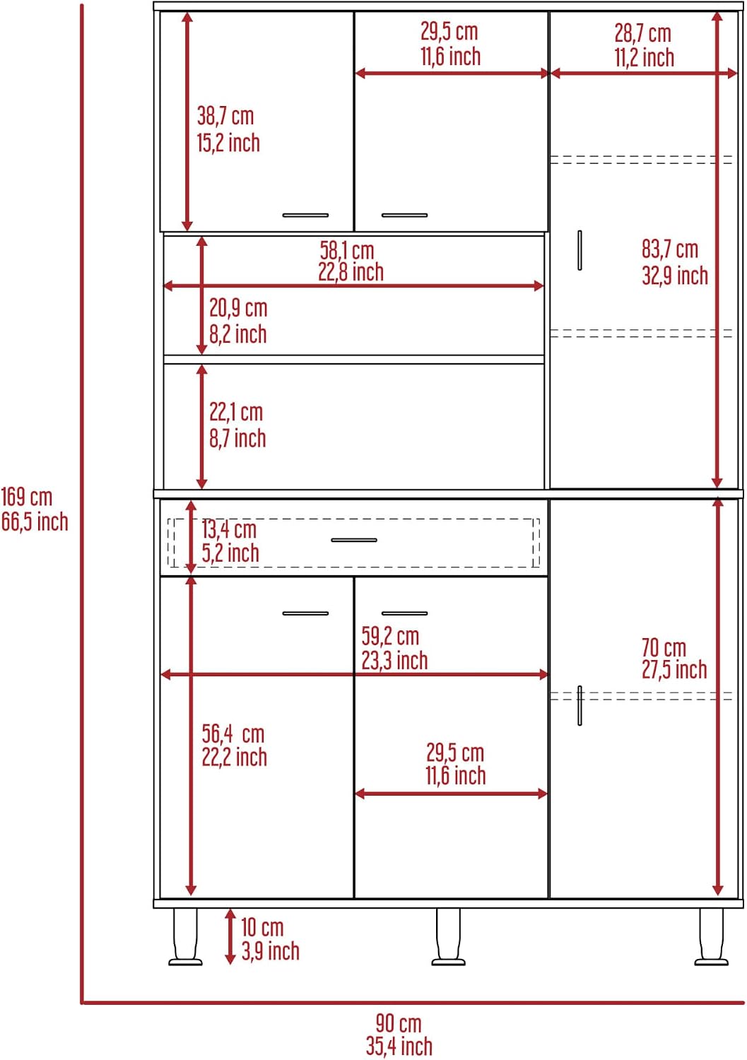 Della 90 Kitchen Pantry, One Drawer, Multiple Cabinets, Two Open Shelvess -White