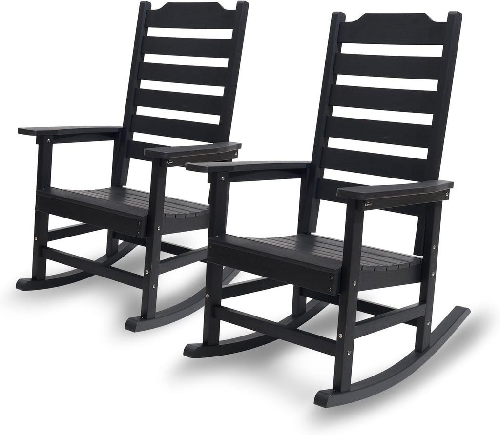 Rocking Chair Set of 2,All Weather Courtyard for Outside Balcony Gardens，High Back Outdoor Rocking Chair with 400lbs，Black