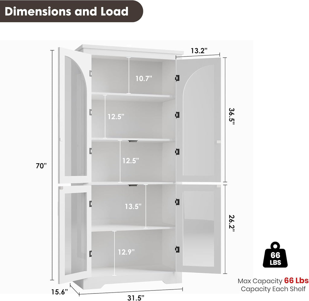 Garvee 70" Tall Kitchen Pantry Cabinet - Modern Display Cabinet with 4 Arched Glass Doors and Adjustable Shelves, Versatile Cupboard Organizers for Kitchen, Dining Room, Living Room, Bathroom, White